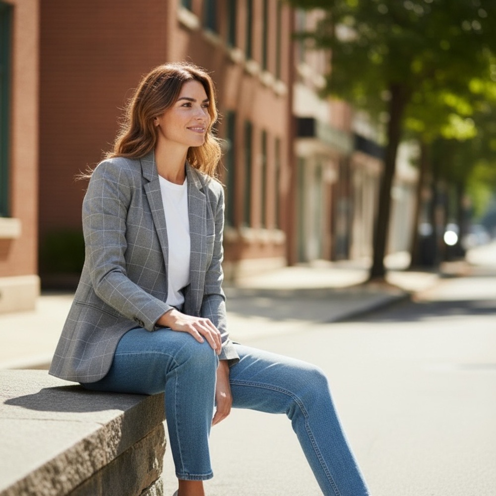 Calvin Klein Gray Windowpane Single-Button Blazer - image 2